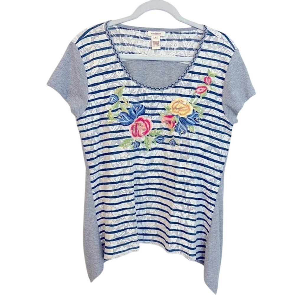 Sundance‎ Women Gray Striped Lace Floral Embroidered Sequin Mixed Media Tee M
